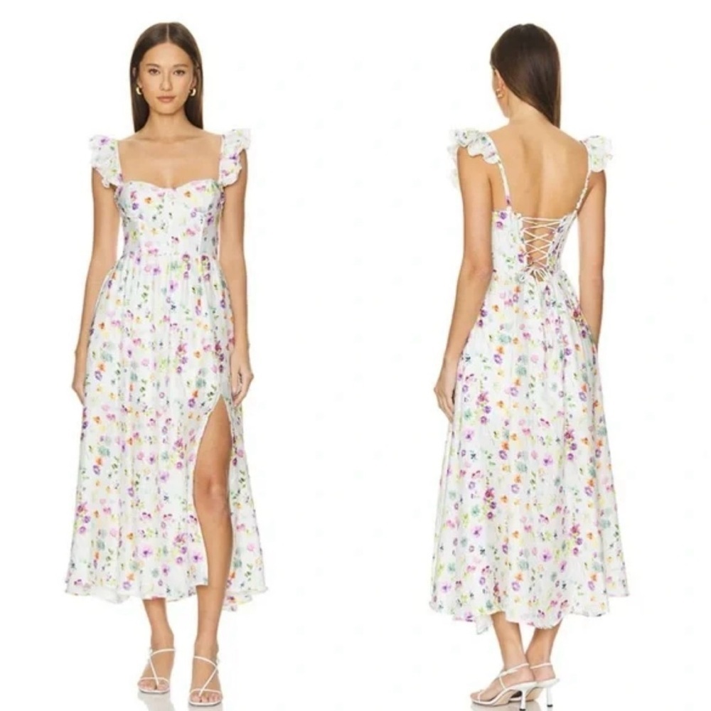 ASTR Wedelia Bustier Midi Easter Dress in white Purple Floral Cocktail Small